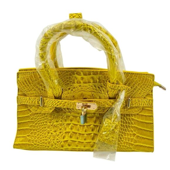 Yellow Croc Embossed Faux Leather Structured Satchel – Medium Top Handle Bag - Picture 1 of 17